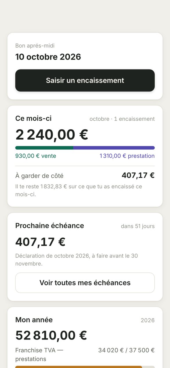 Écran d'accueil de l'application : encaissé ce mois-ci, montant à garder de côté, prochaine échéance.